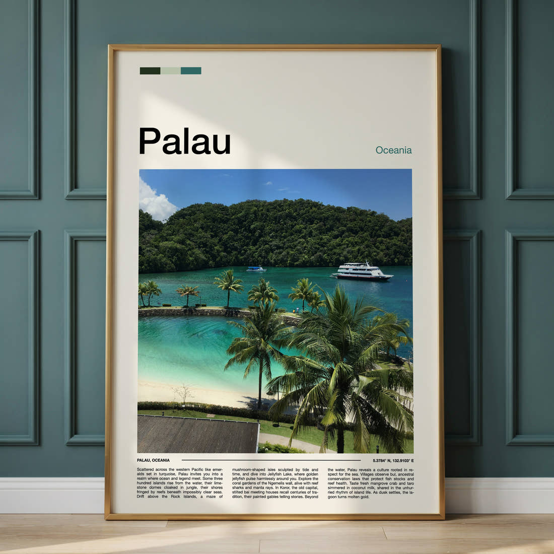 Palau Turquoise Lagoon View Travel Print framed on the wall of a calm, neutral bedroom