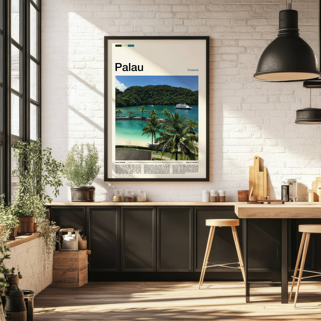 Palau Turquoise Lagoon View Travel Print framed on the wall of a bright kitchen and dining space