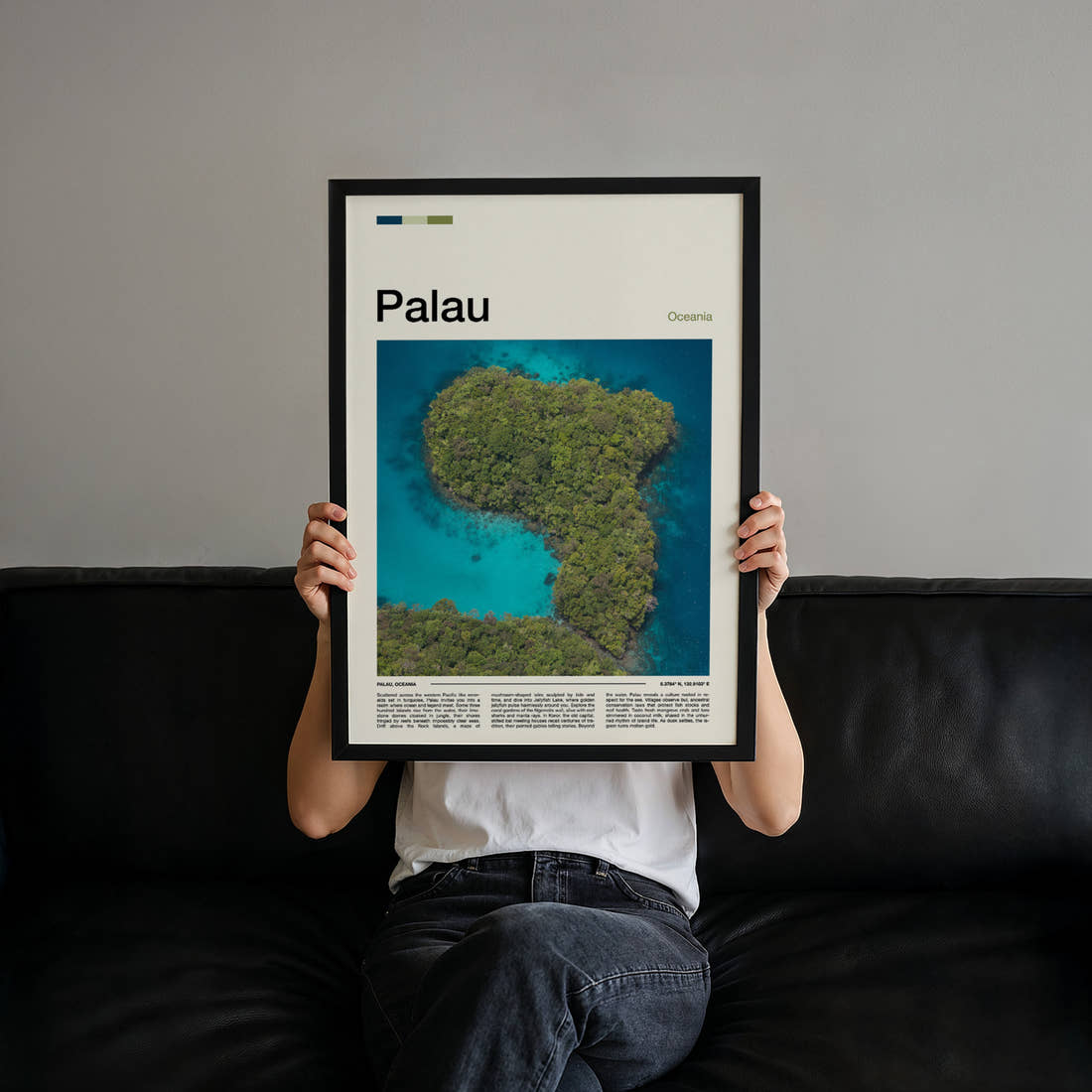 Palau Aerial Rock Islands Travel Print held up by hand to show the size of the print