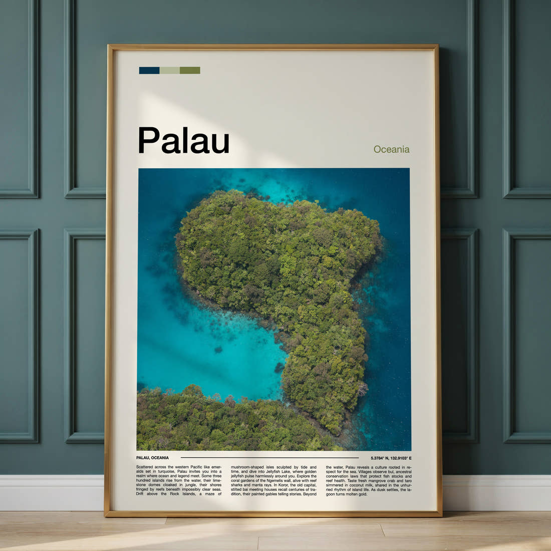 Palau Aerial Rock Islands Travel Print framed on the wall of a calm, neutral bedroom