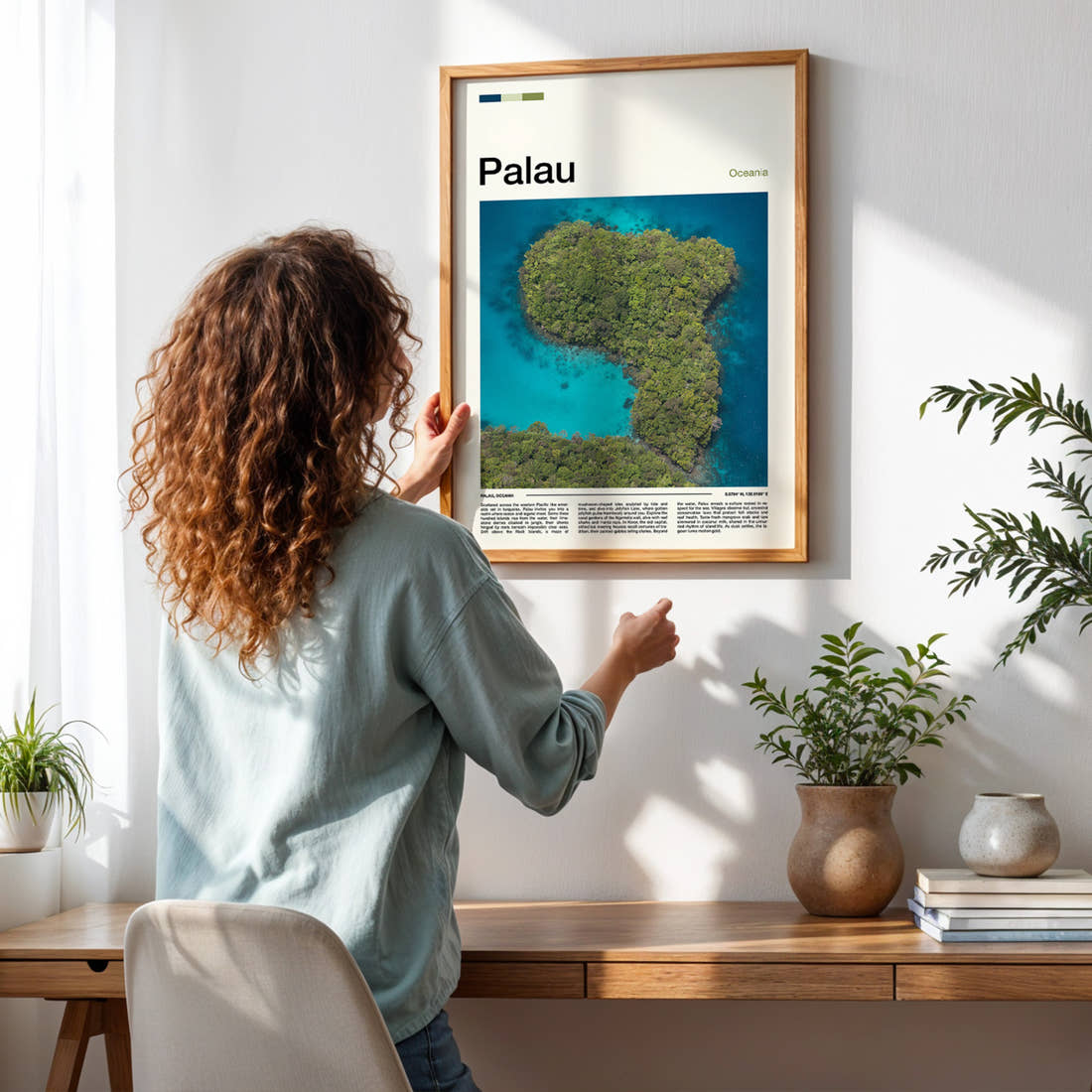Palau Aerial Rock Islands Travel Print framed on a pale wall beside houseplants