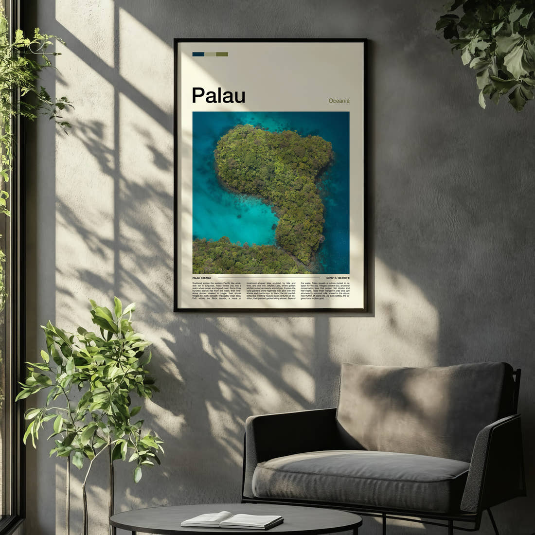 Palau Aerial Rock Islands Travel Print framed on the wall of a relaxed living room
