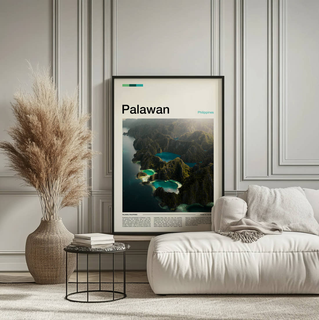 Palawan Aerial View Of Lagoons Travel Print framed on the wall of a calm, neutral bedroom