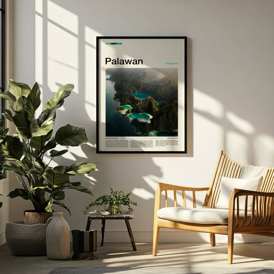 Palawan Aerial View Of Lagoons Travel Print framed on a pale wall beside houseplants