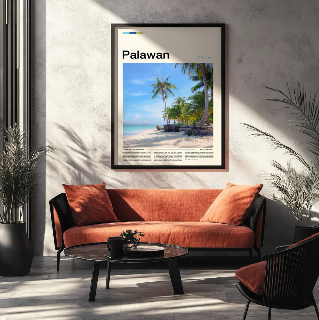 Palawan Palm Trees On The Beach Travel Print framed on the wall of a modern living room