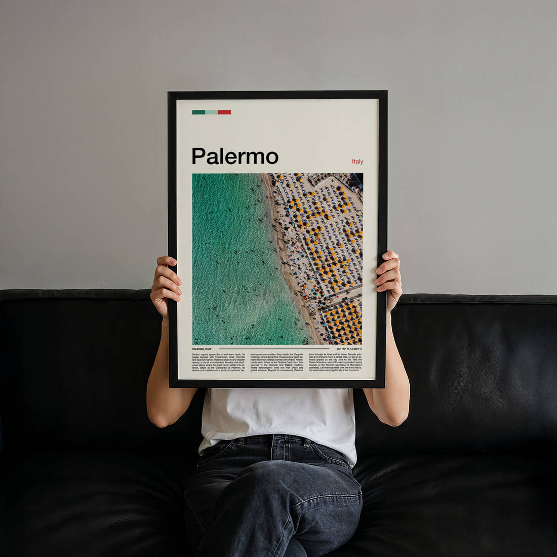 Palermo Aerial Beach View Travel Print held up by hand to show the size of the print