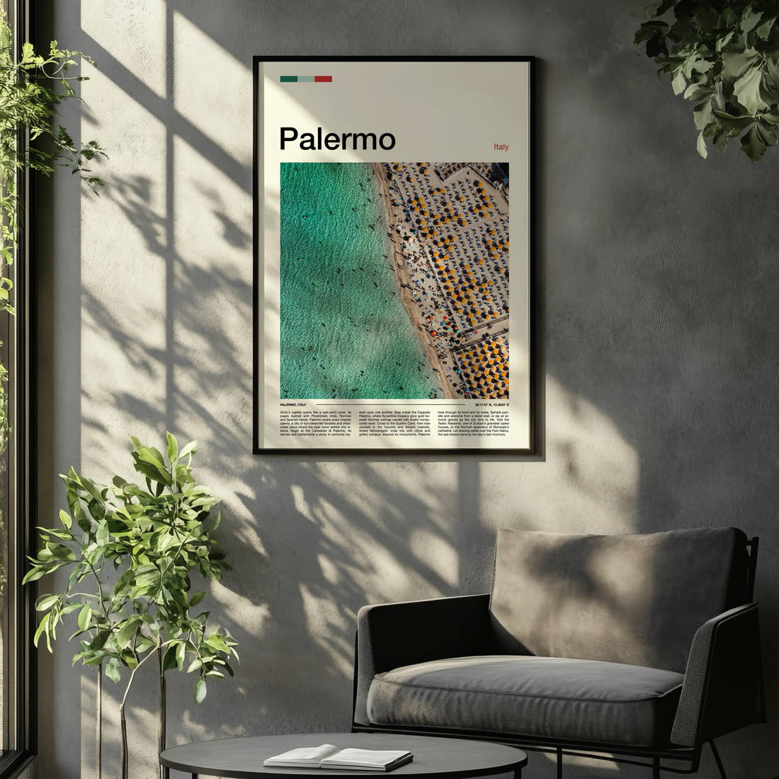 Palermo Aerial Beach View Travel Print framed on the wall of a relaxed living room