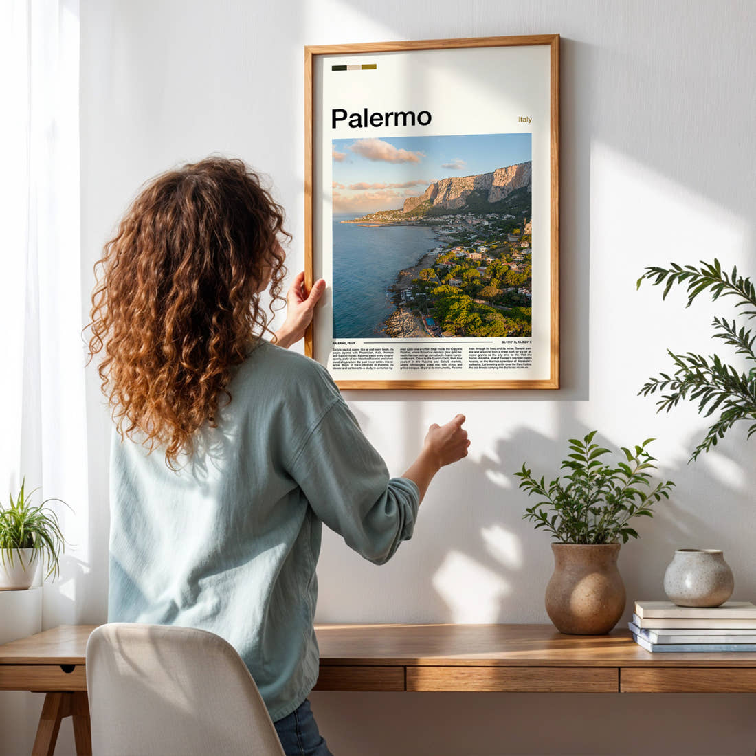 Palermo Coastal Cliff View Travel Print framed on a pale wall beside houseplants