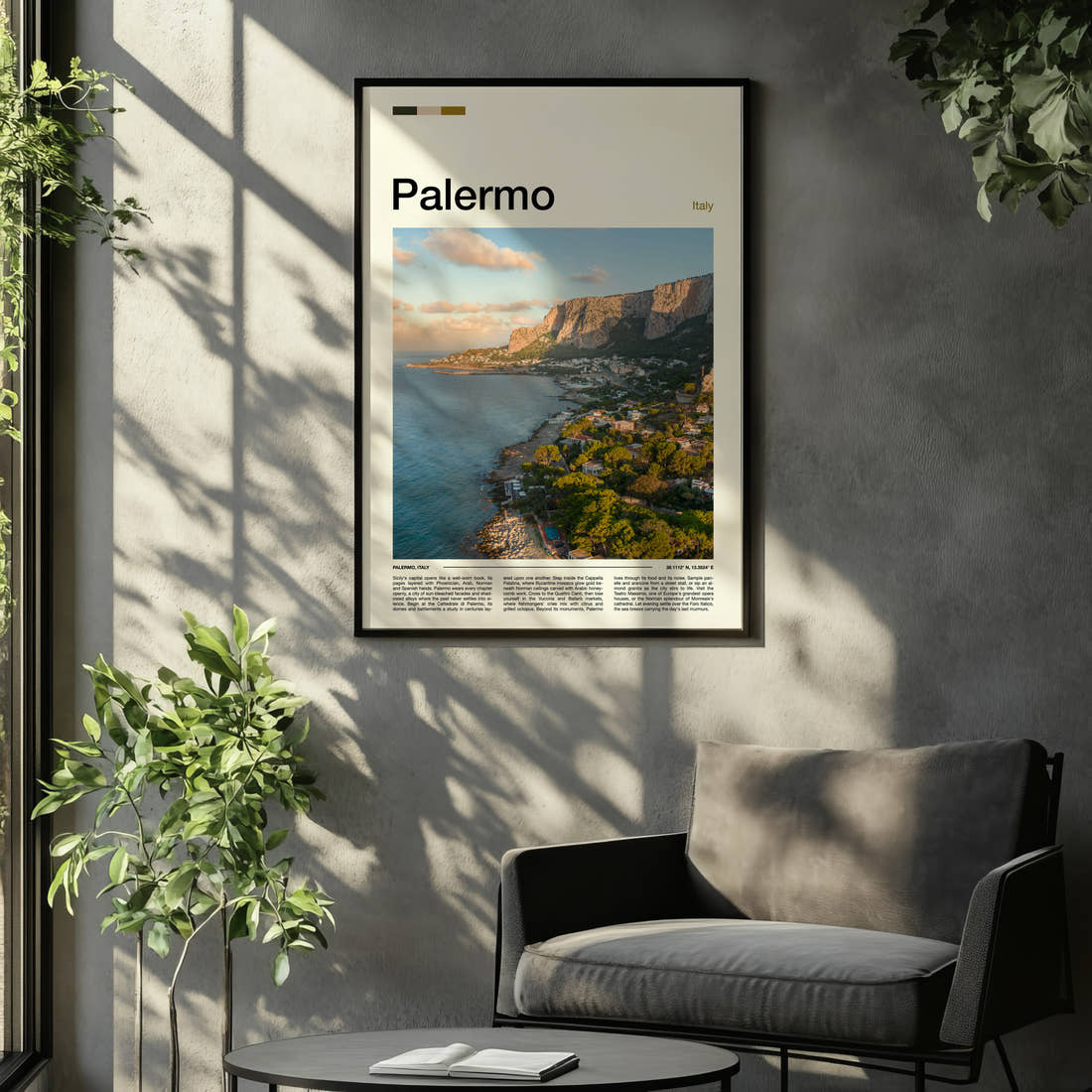 Palermo Coastal Cliff View Travel Print framed on the wall of a relaxed living room