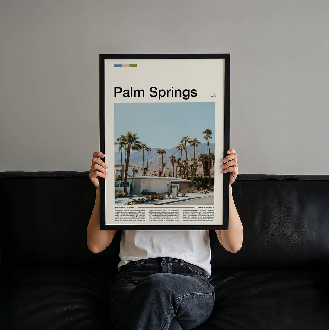Palm Springs Mid Century Modern House Travel Print held up by hand to show the size of the print