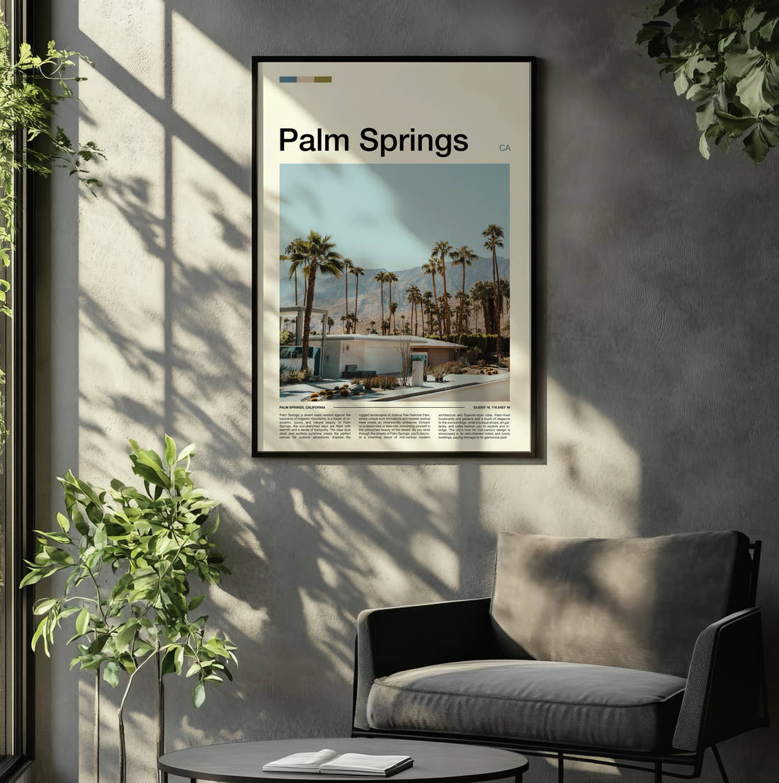 Palm Springs Mid Century Modern House Travel Print framed on the wall of a relaxed living room