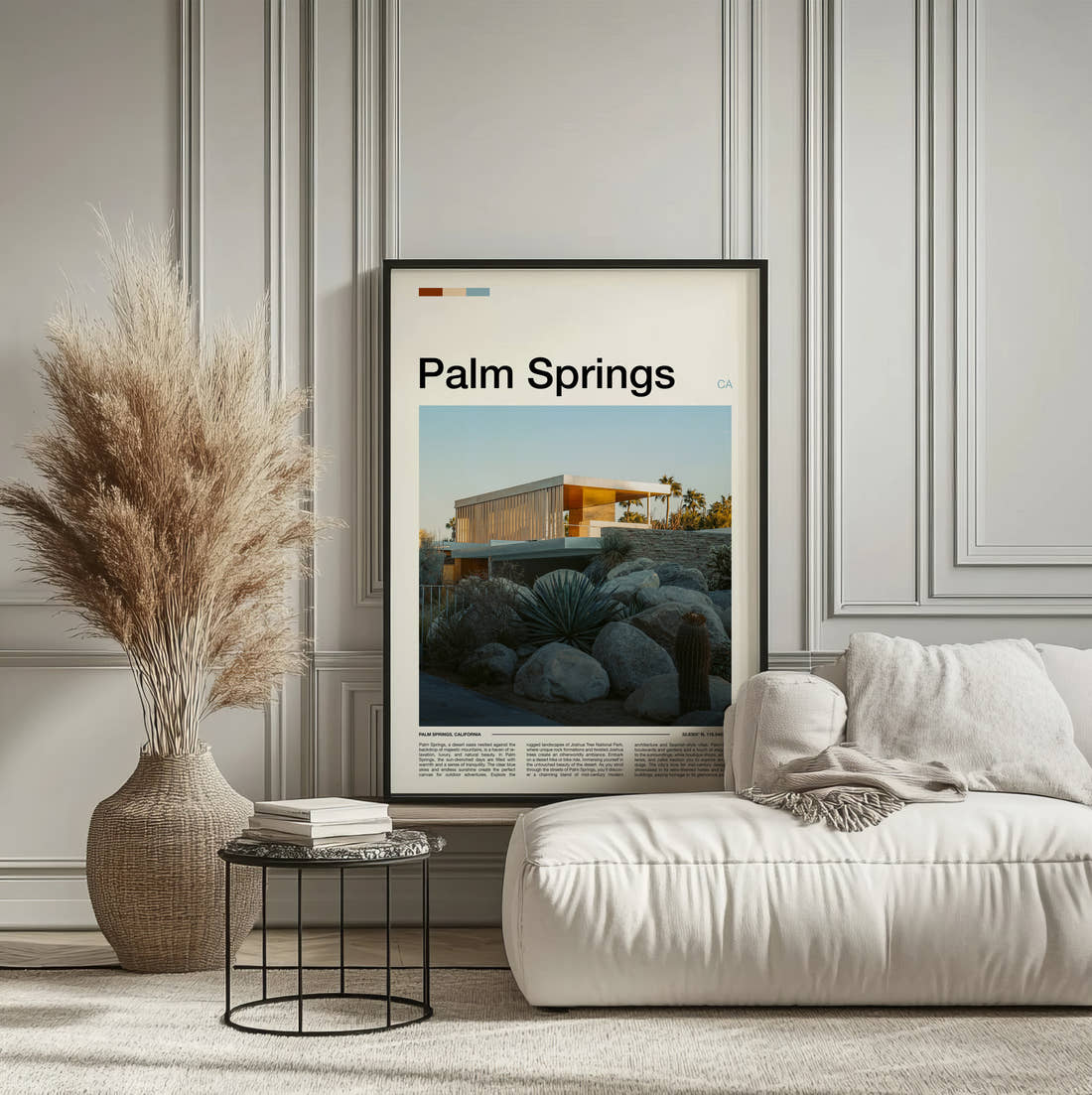 Palm Springs Modernist House Among Boulders Travel Print framed on the wall of a calm, neutral bedroom