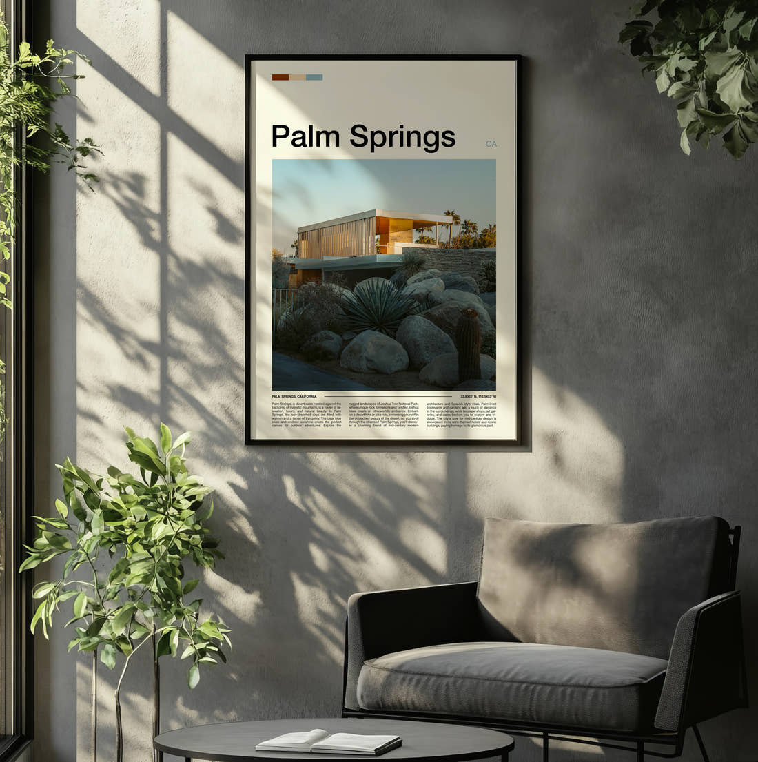 Palm Springs Modernist House Among Boulders Travel Print framed on the wall of a relaxed living room