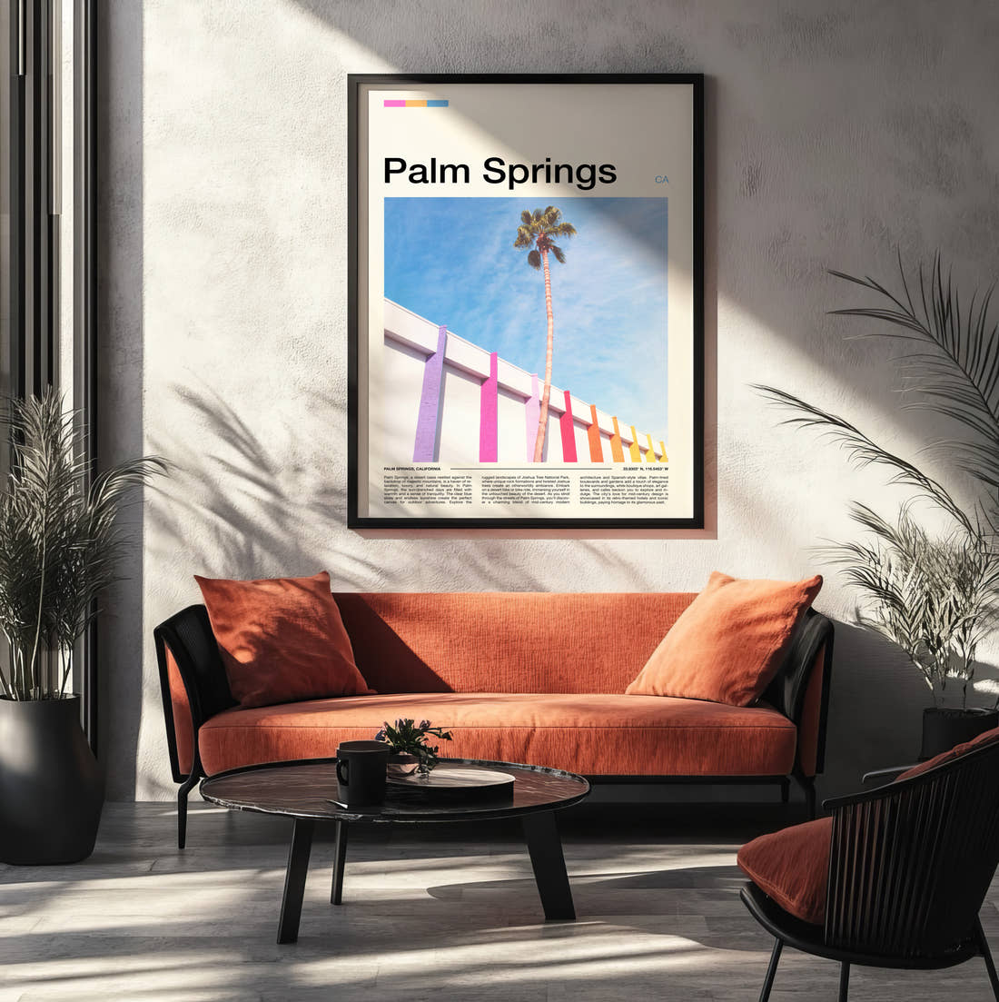 Palm Springs Palm Tree And Pink Wall Travel Print framed on the wall of a modern living room