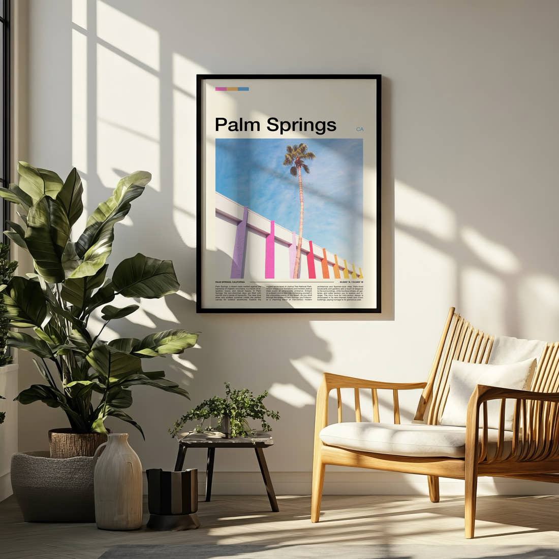 Palm Springs Palm Tree And Pink Wall Travel Print framed on a pale wall beside houseplants