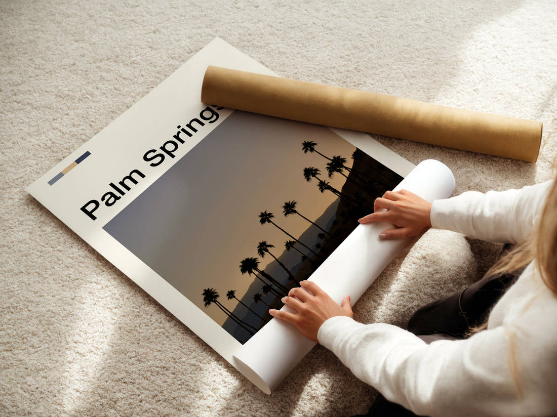 Palm Springs Palm Trees Silhouetted At Dusk Travel Print being unrolled from its postal tube