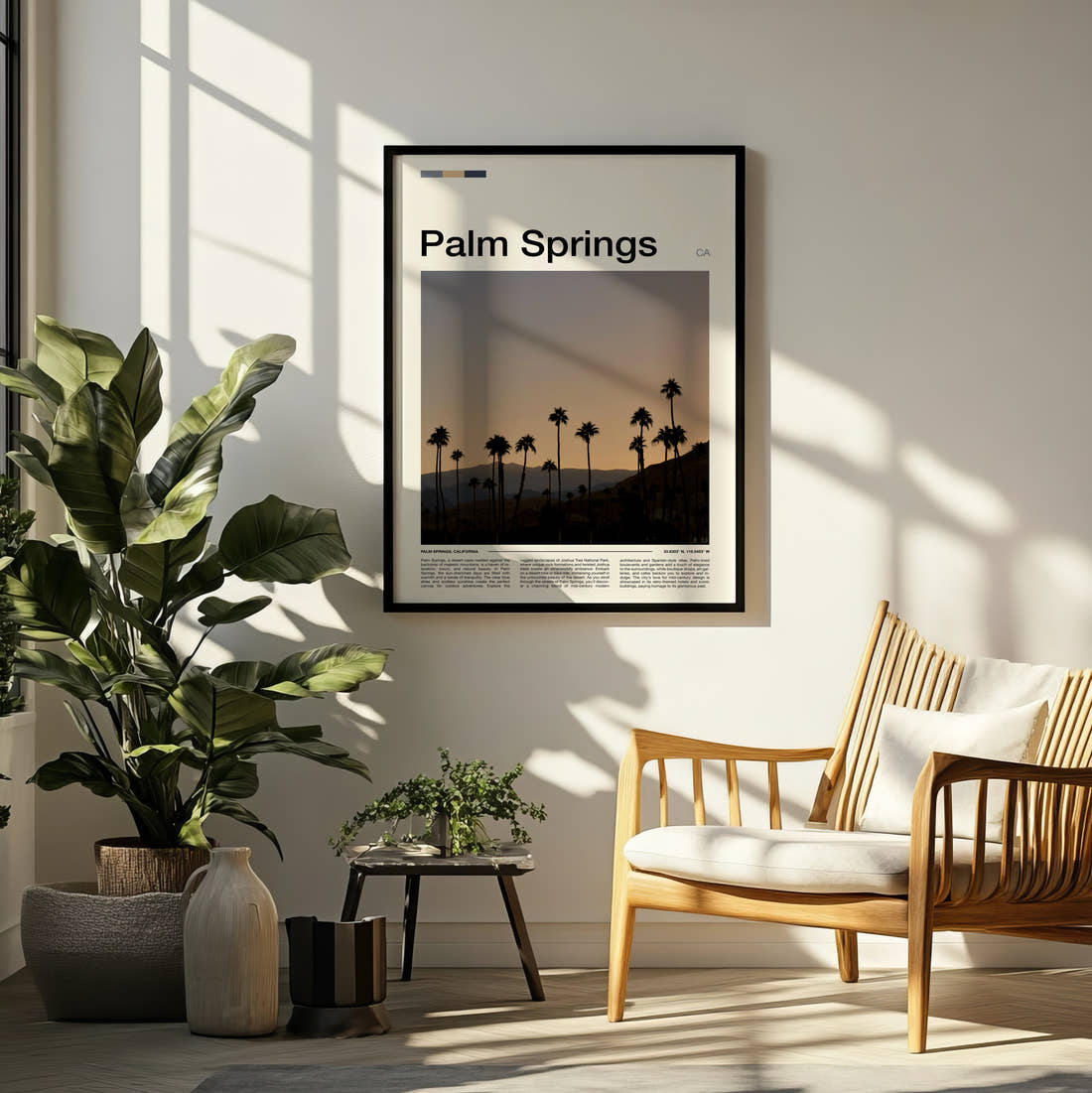 Palm Springs Palm Trees Silhouetted At Dusk Travel Print framed on a pale wall beside houseplants