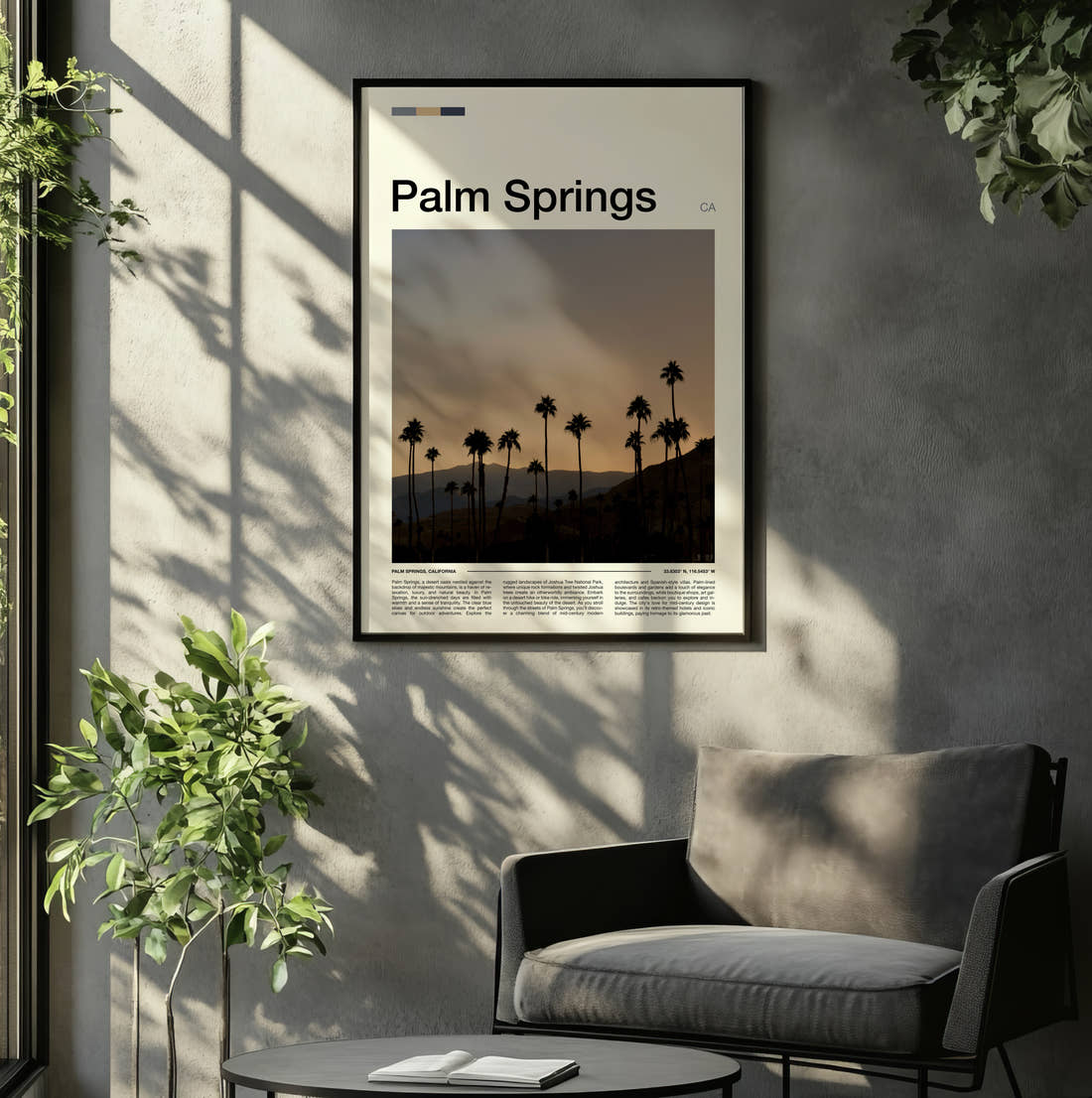Palm Springs Palm Trees Silhouetted At Dusk Travel Print framed on the wall of a relaxed living room