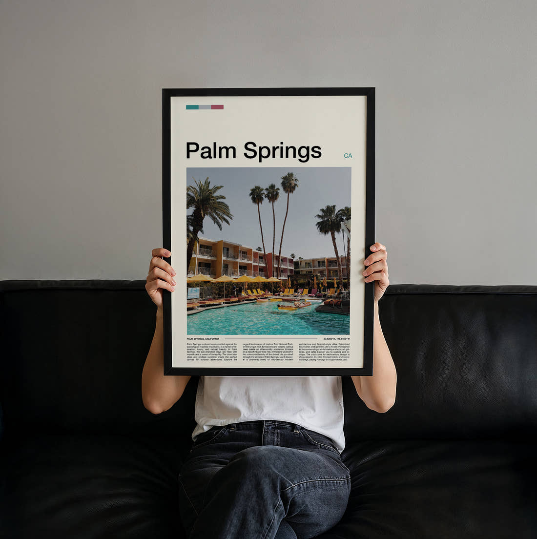 Palm Springs Poolside Loungers And Palms Travel Print held up by hand to show the size of the print