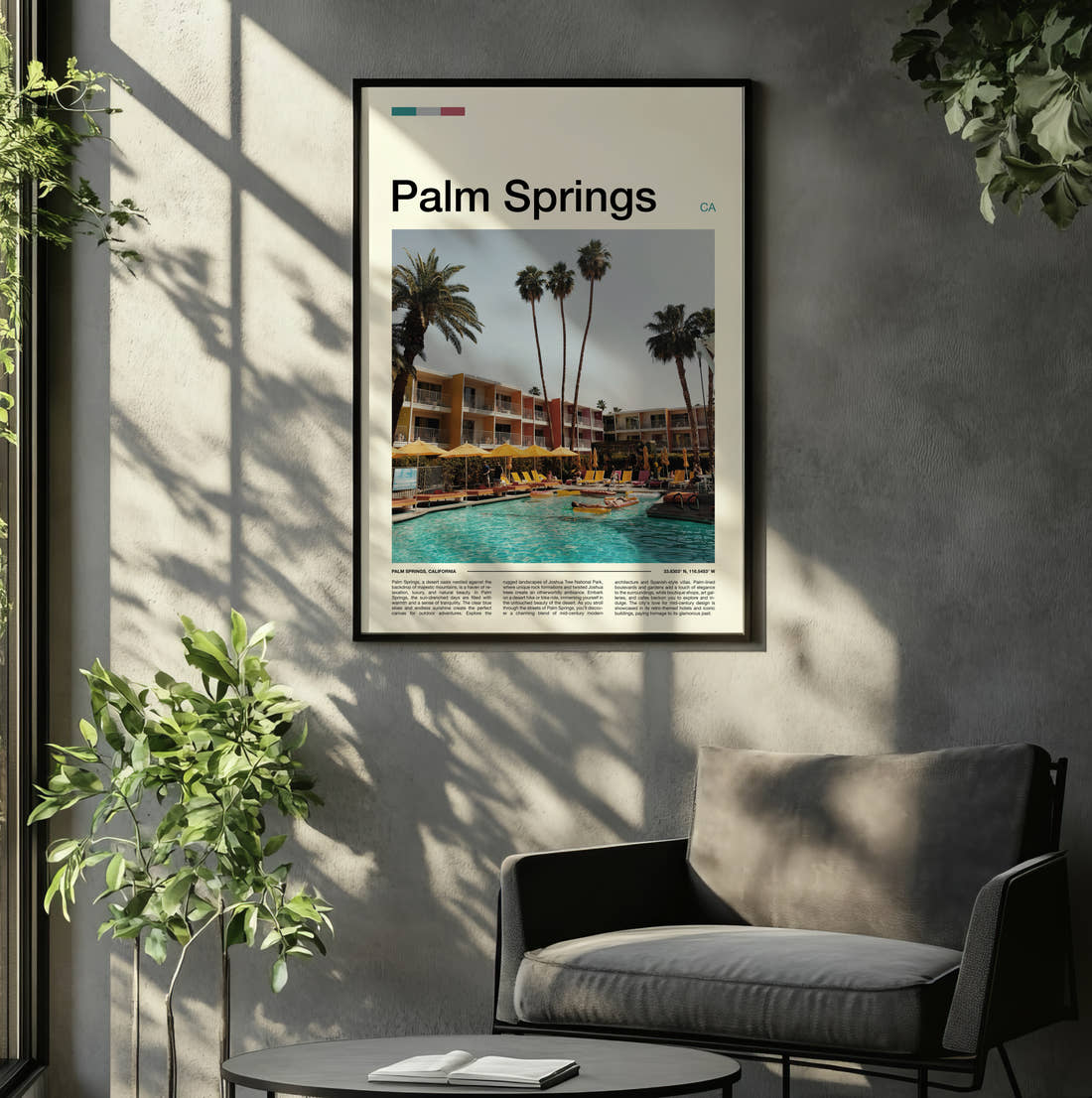 Palm Springs Poolside Loungers And Palms Travel Print framed on the wall of a relaxed living room
