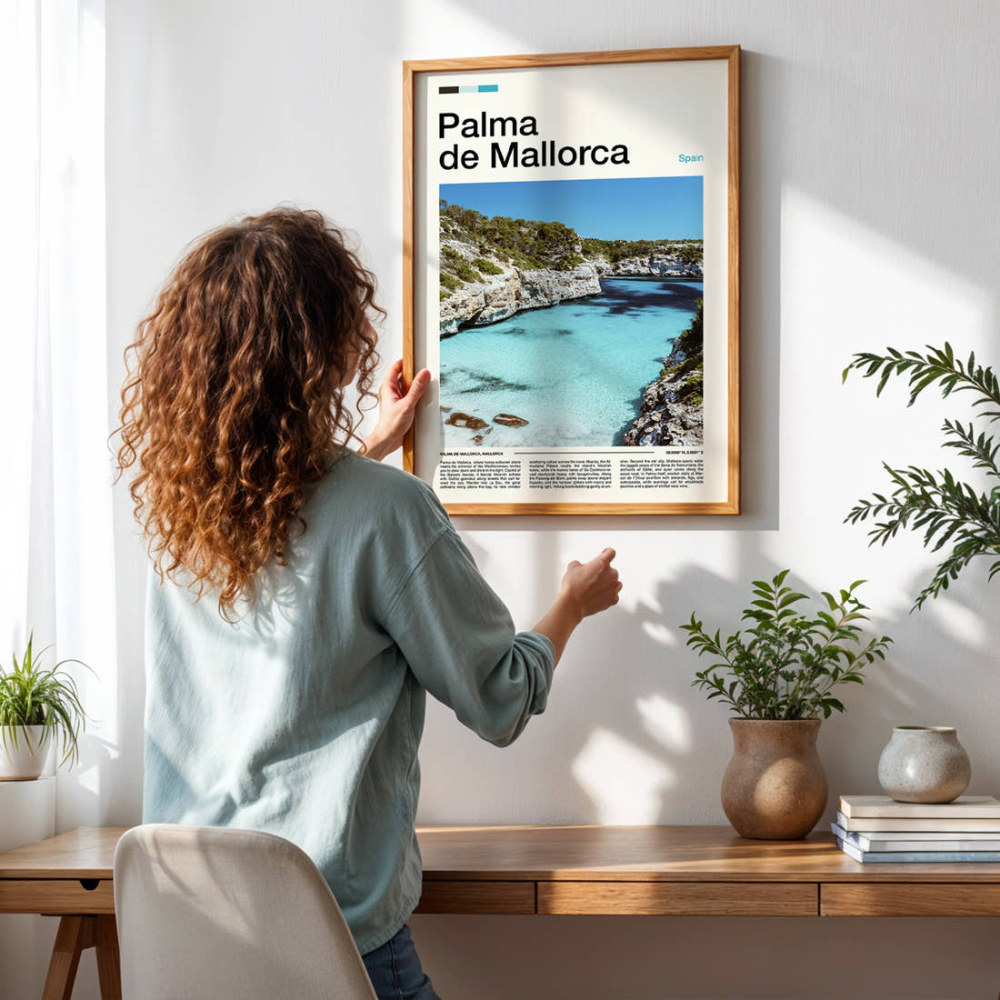 Palma de Mallorca Turquoise Cove Cliffs Travel Print framed on a pale wall beside houseplants