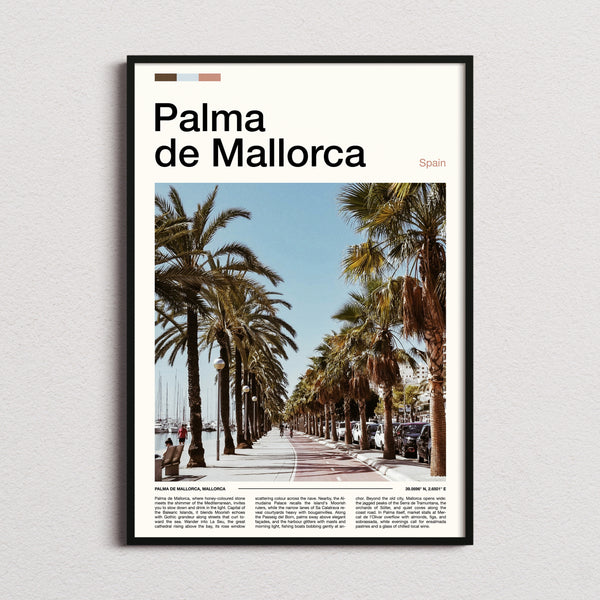 Palma de Mallorca Palm-Lined Promenade Travel Print framed and photographed straight on