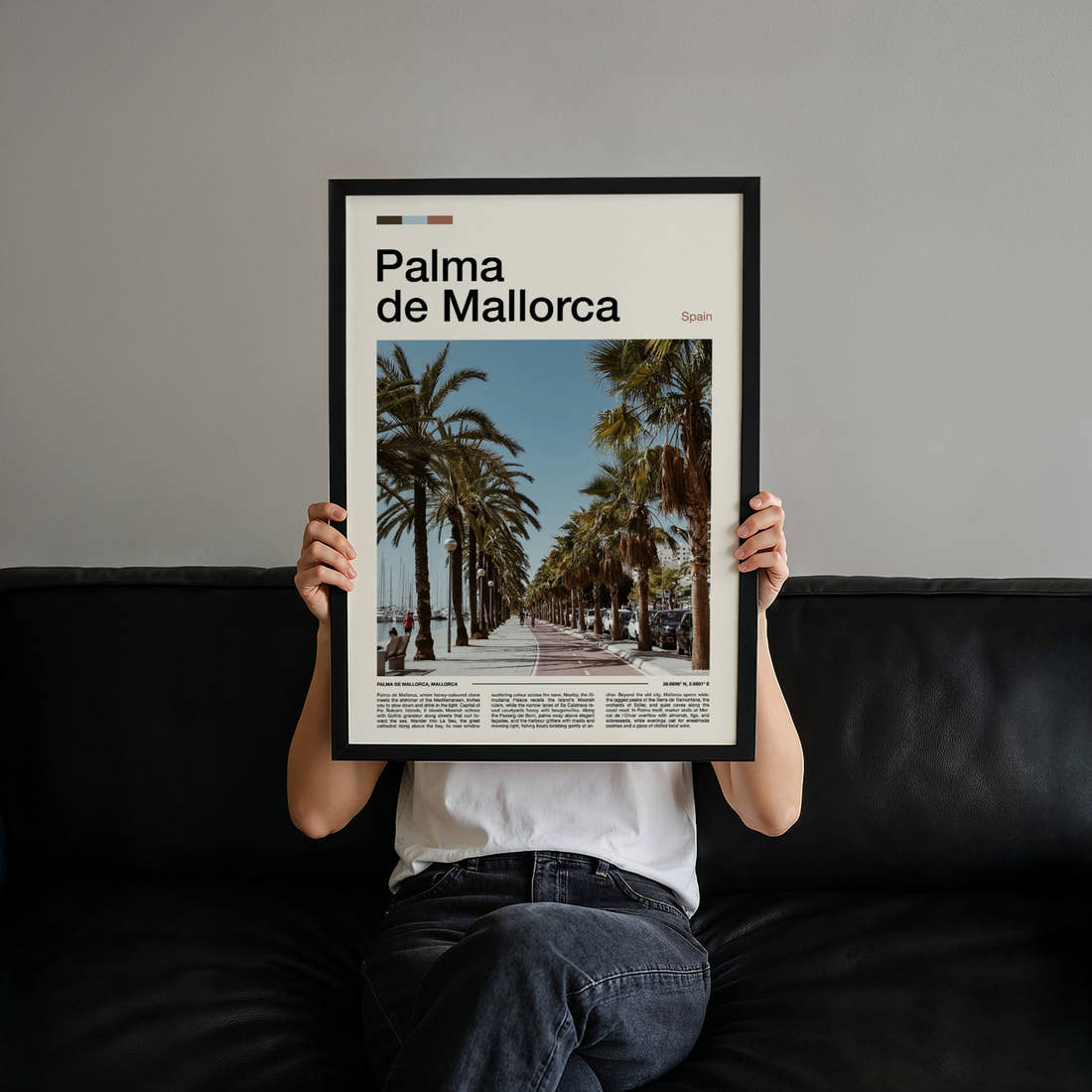 Palma de Mallorca Palm-Lined Promenade Travel Print held up by hand to show the size of the print