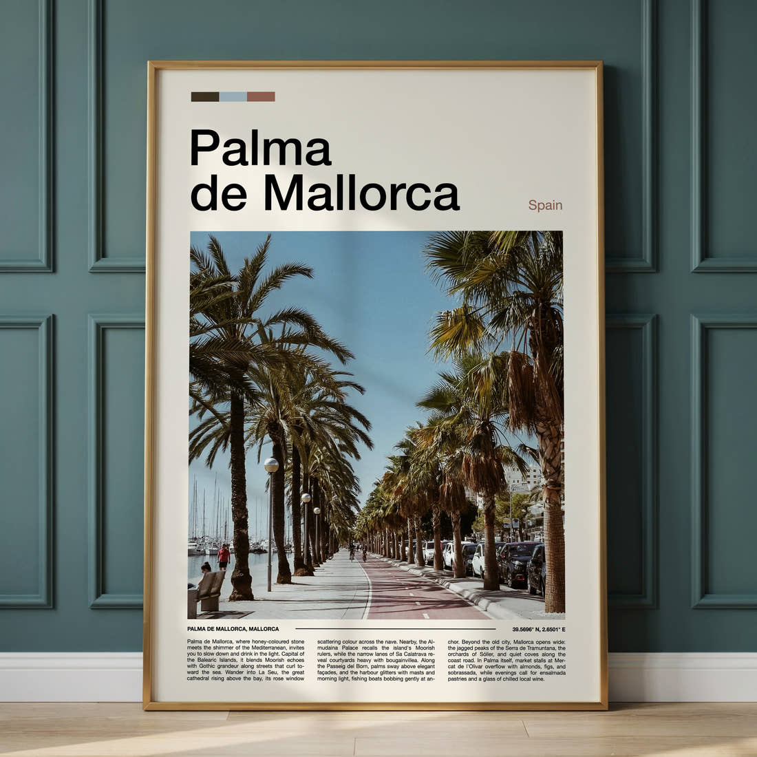 Palma de Mallorca Palm-Lined Promenade Travel Print framed on the wall of a calm, neutral bedroom