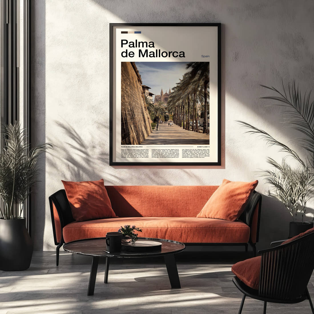 Palma de Mallorca Palm-Lined Promenade Travel Print framed on the wall of a modern living room