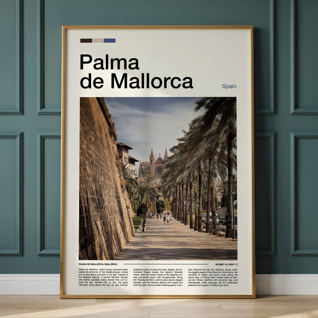 Palma de Mallorca Palm-Lined Promenade Travel Print framed on the wall of a calm, neutral bedroom
