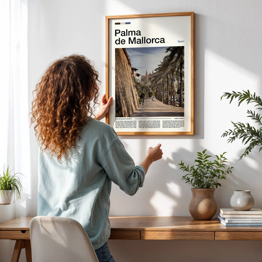 Palma de Mallorca Palm-Lined Promenade Travel Print framed on a pale wall beside houseplants