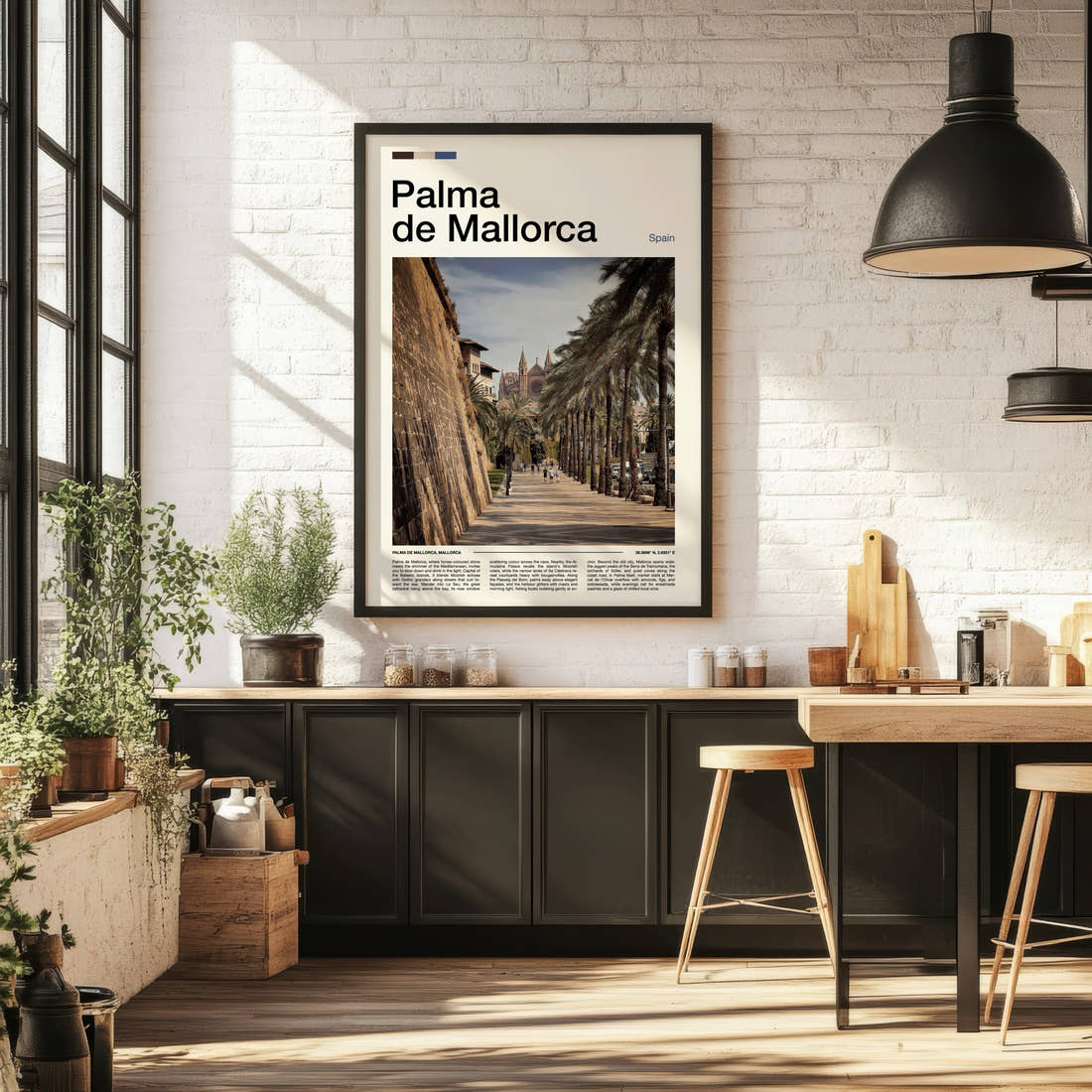 Palma de Mallorca Palm-Lined Promenade Travel Print framed on the wall of a bright kitchen and dining space