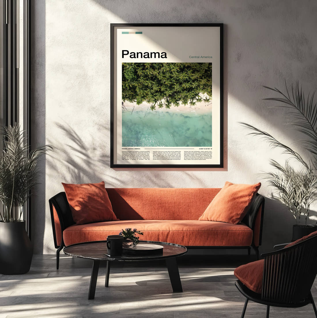 Panama Palms Over Turquoise Water Travel Print framed on the wall of a modern living room