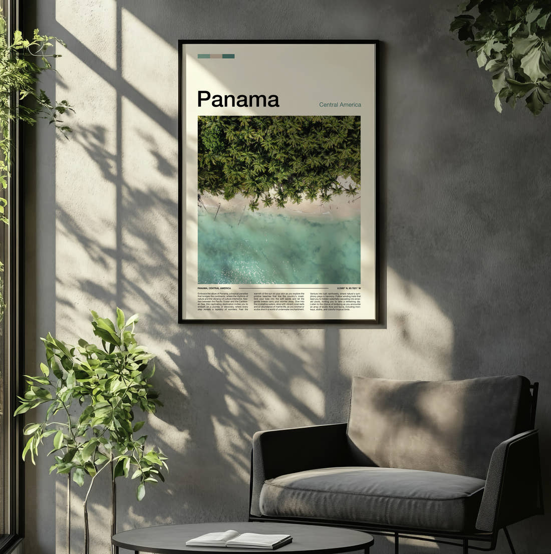 Panama Palms Over Turquoise Water Travel Print framed on the wall of a relaxed living room