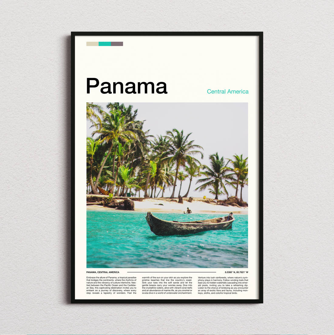 Panama Canoe On Turquoise Water Travel Print framed and photographed straight on