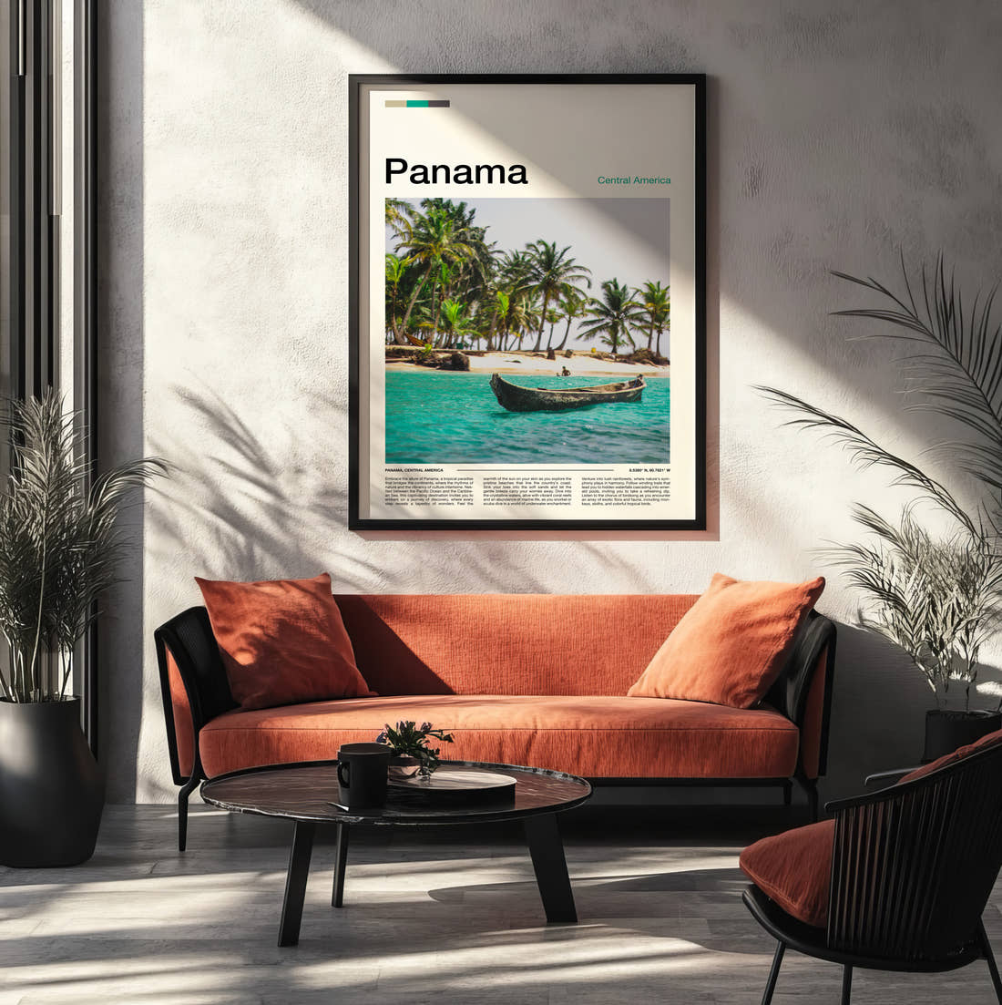 Panama Canoe On Turquoise Water Travel Print framed on the wall of a modern living room