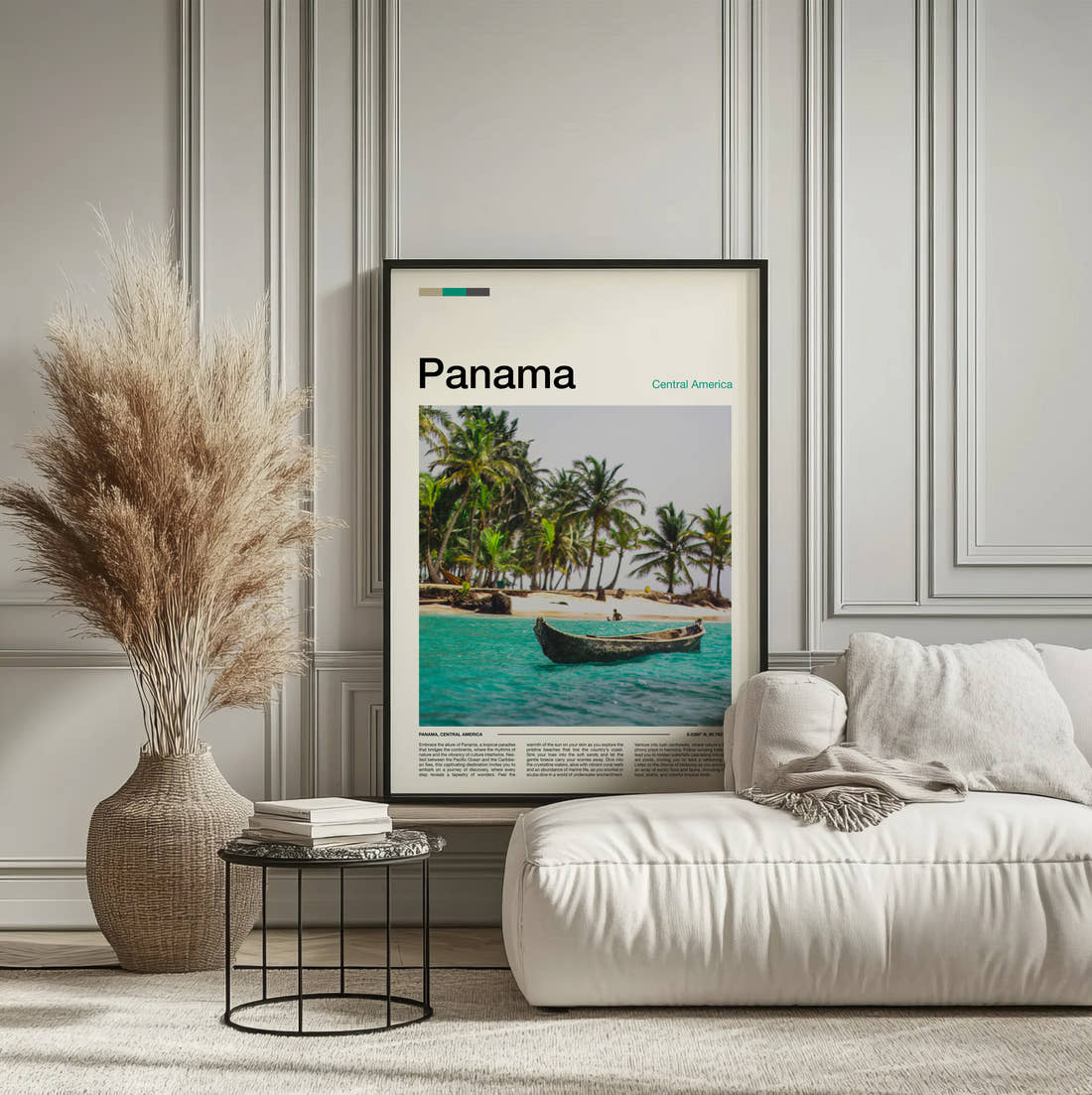 Panama Canoe On Turquoise Water Travel Print framed on the wall of a calm, neutral bedroom