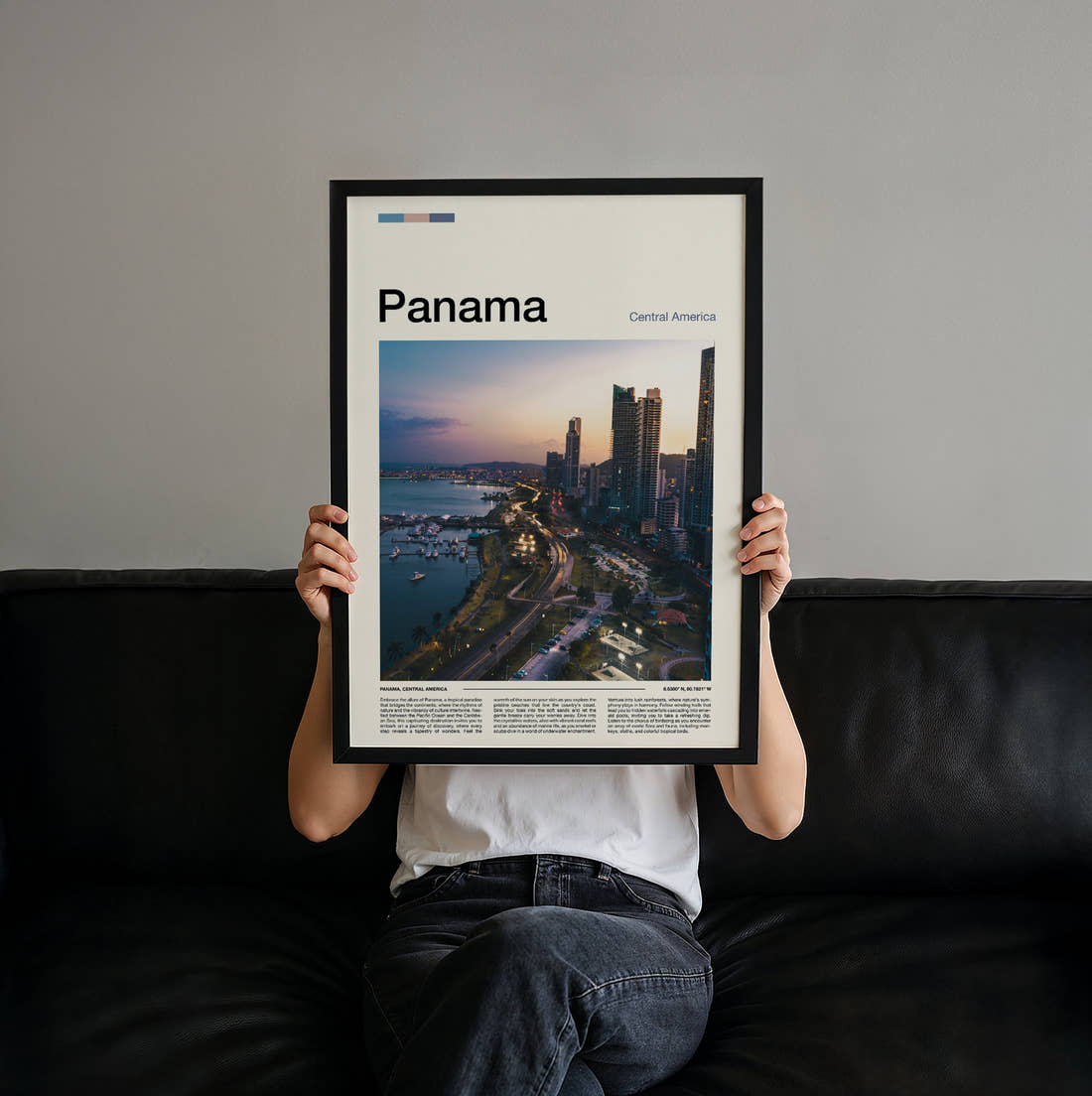 Panama Coastal Skyline At Dusk Travel Print held up by hand to show the size of the print