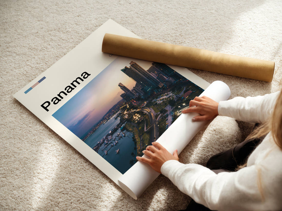 Panama Coastal Skyline At Dusk Travel Print being unrolled from its postal tube