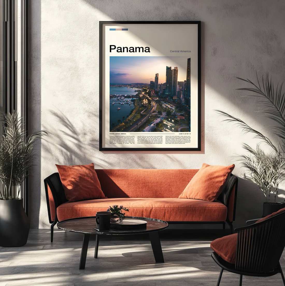 Panama Coastal Skyline At Dusk Travel Print framed on the wall of a modern living room