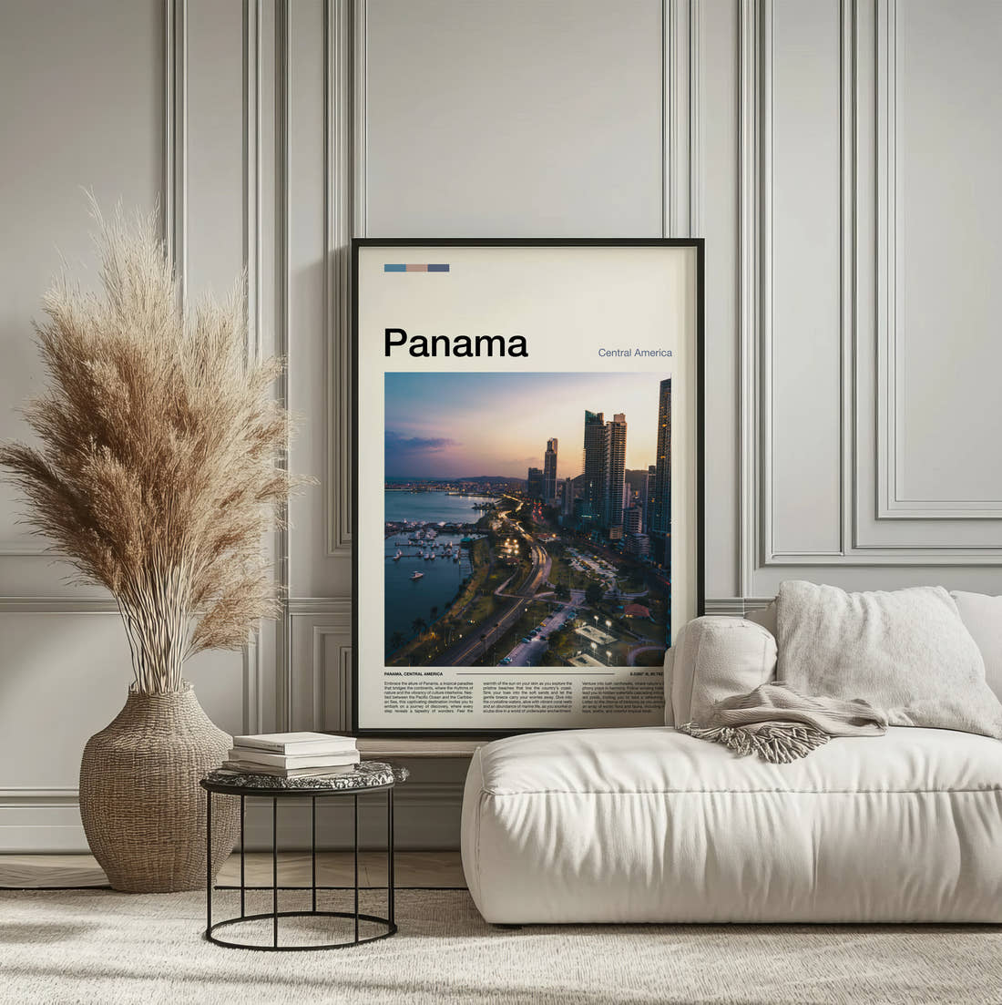 Panama Coastal Skyline At Dusk Travel Print framed on the wall of a calm, neutral bedroom