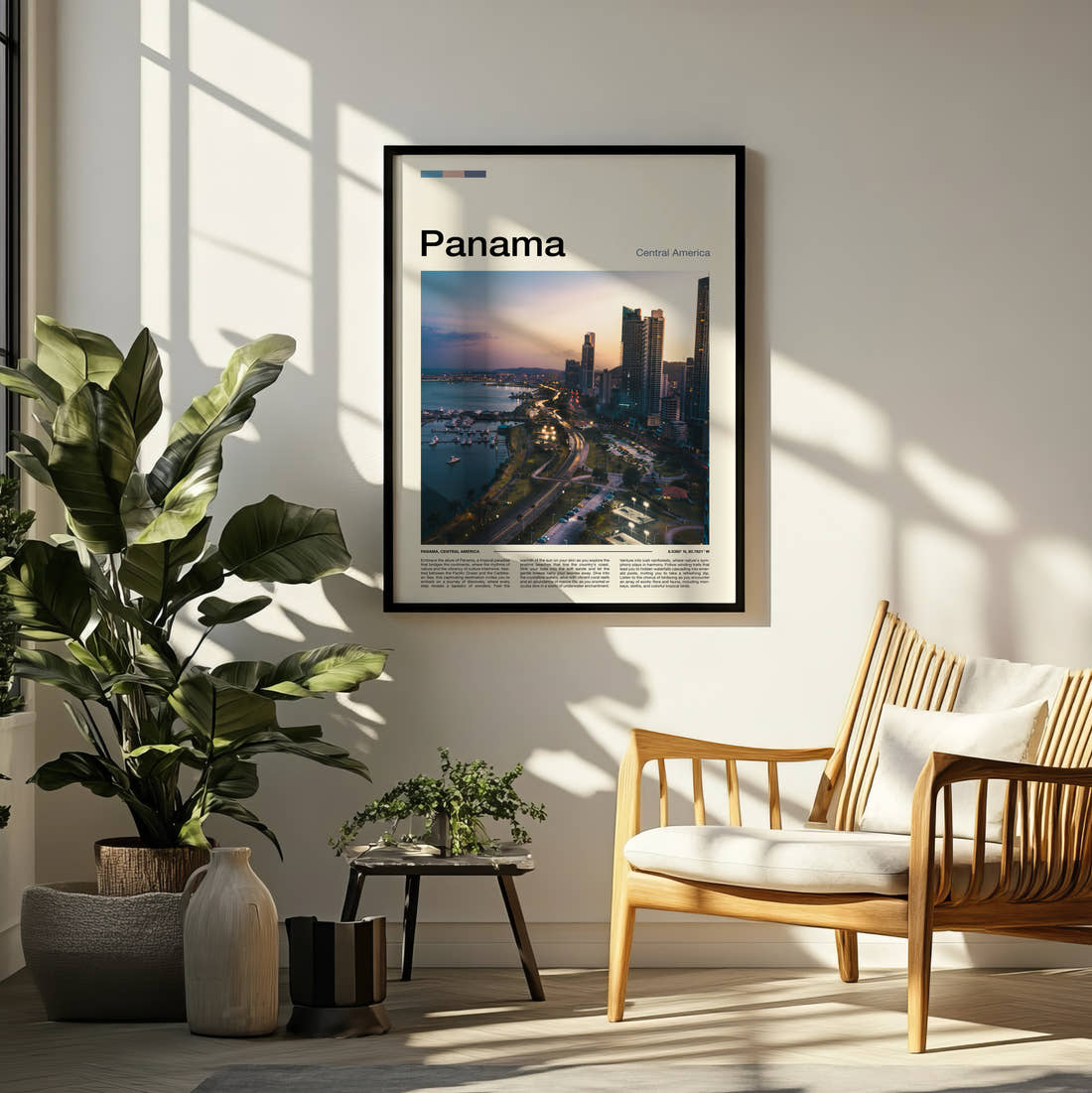 Panama Coastal Skyline At Dusk Travel Print framed on a pale wall beside houseplants