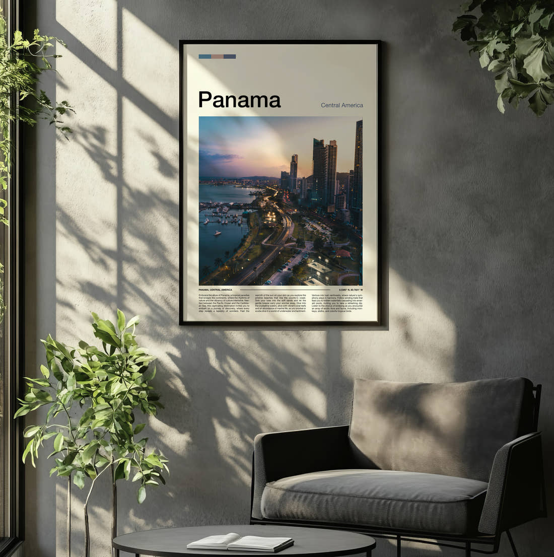Panama Coastal Skyline At Dusk Travel Print framed on the wall of a relaxed living room