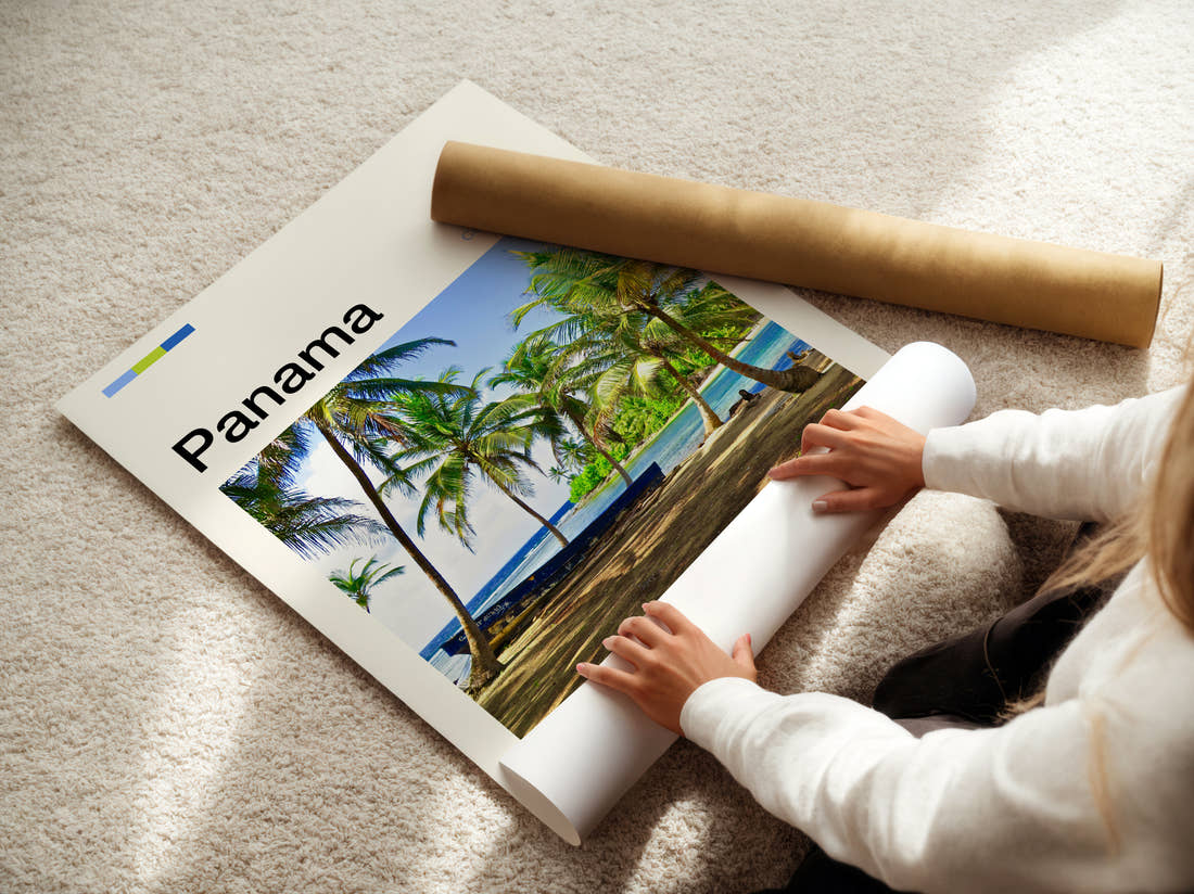 Panama Palm Trees On The Beach Travel Print being unrolled from its postal tube