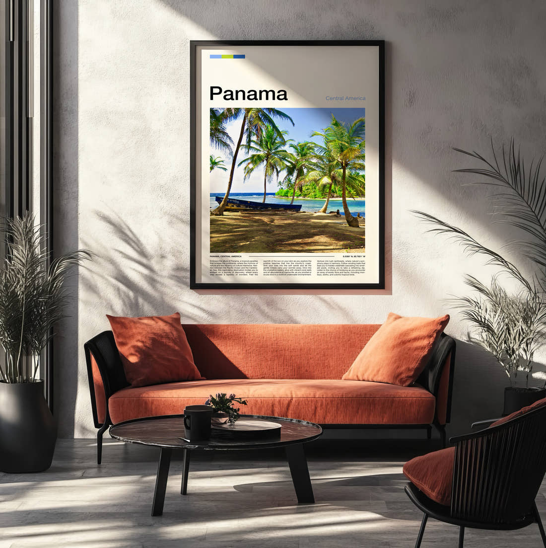 Panama Palm Trees On The Beach Travel Print framed on the wall of a modern living room