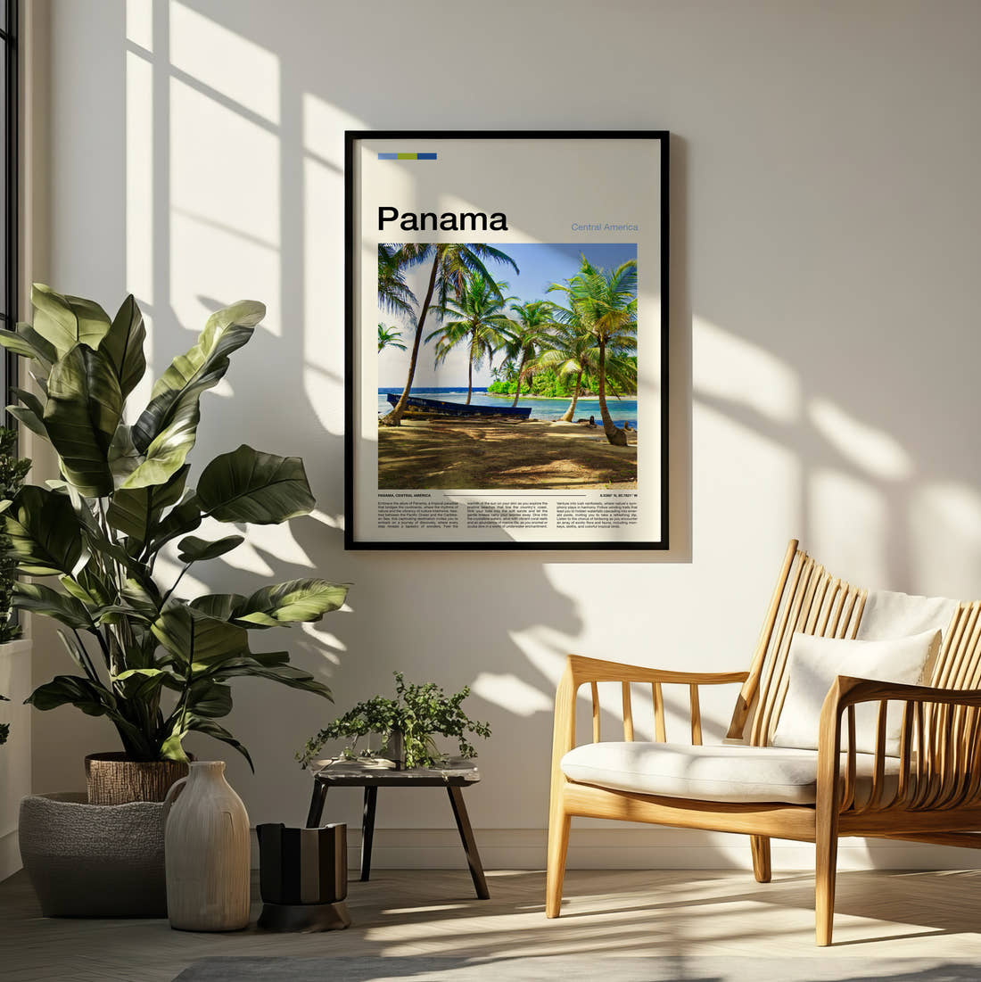 Panama Palm Trees On The Beach Travel Print framed on a pale wall beside houseplants