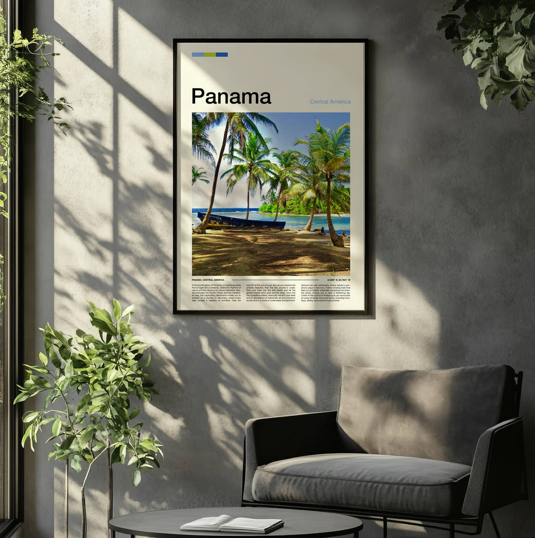 Panama Palm Trees On The Beach Travel Print framed on the wall of a relaxed living room