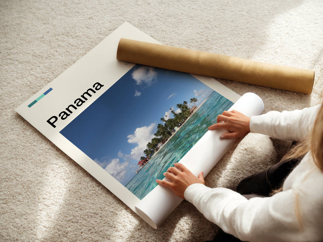 Panama Small Island Travel Print being unrolled from its postal tube