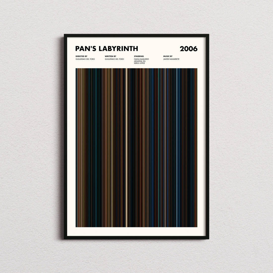 Pan's Labyrinth Movie Barcode Poster framed on a plain studio wall