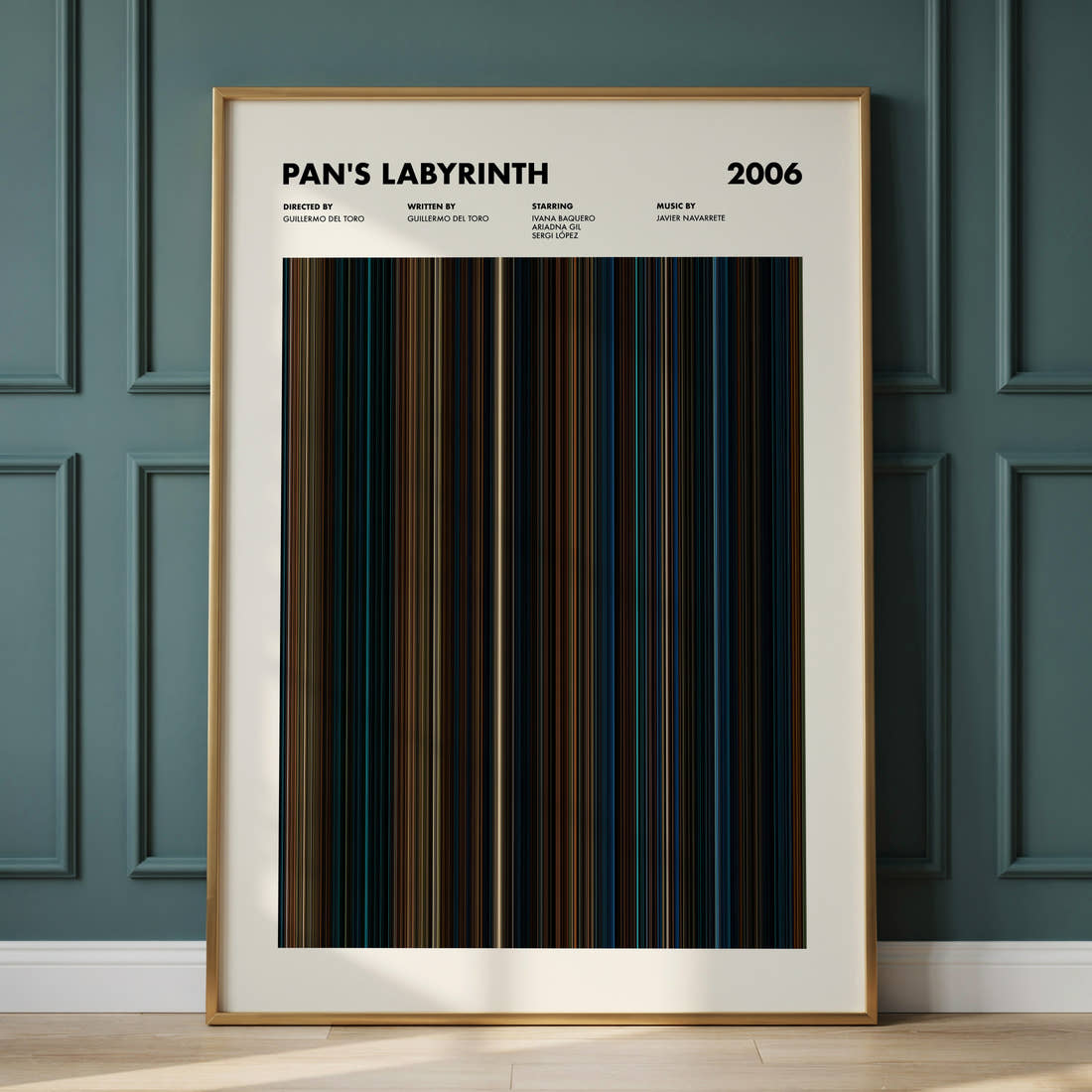 Pan's Labyrinth Movie Barcode Poster framed and leaning against a panelled wall